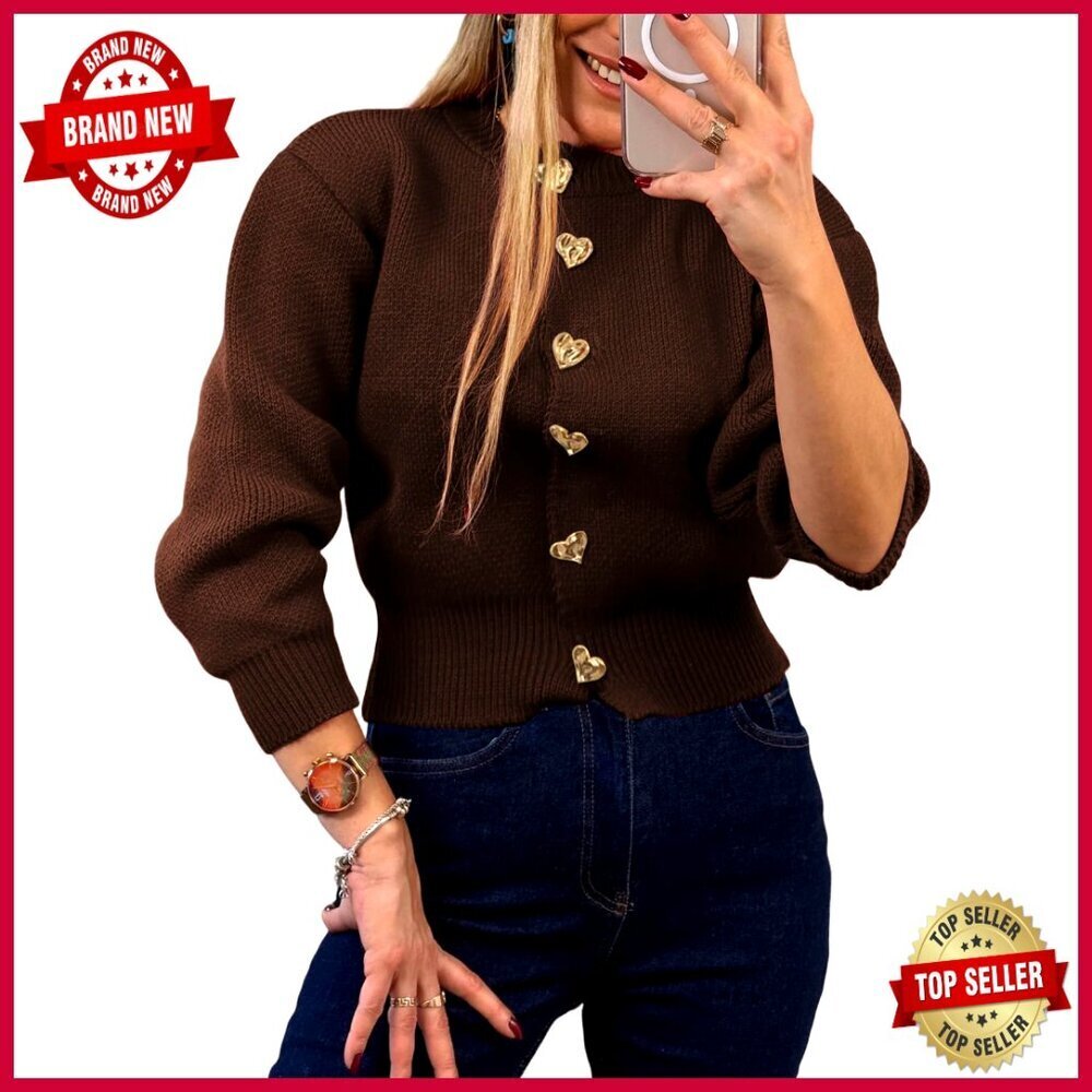 Cropped Knit Cardigan with Heart Buttons, Long Sleeve Fall Winter Sweater